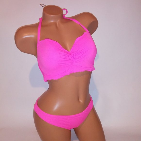 Victoria Secret Swim Bikini 36D Top Medium Bottom Solid Neon Pink Ruffle Trim - Picture 2 of 12